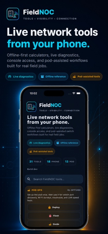 FieldNOC home screen showing app tool counts, pod operations, and live diagnostics