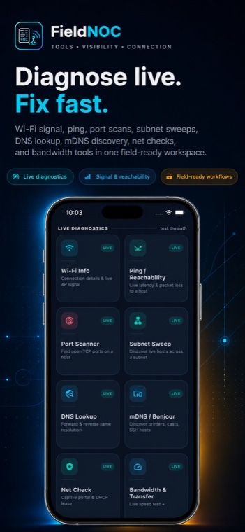 FieldNOC live diagnostics tool grid on iPhone