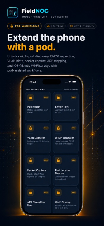 FieldNOC pod workflows screen showing pod-assisted network tools