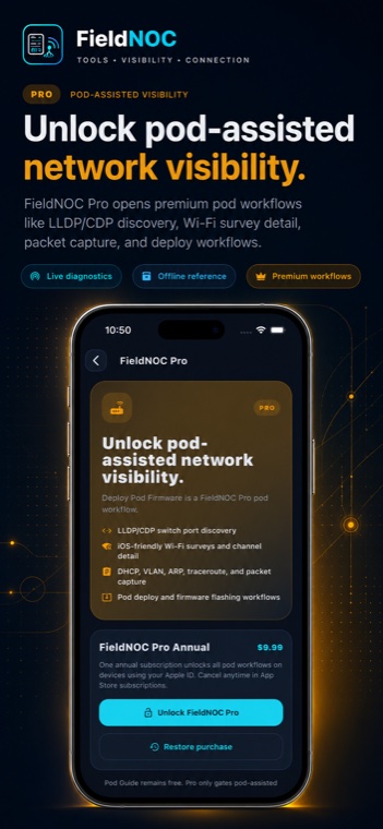 FieldNOC Pro unlock screen for pod-assisted workflows
