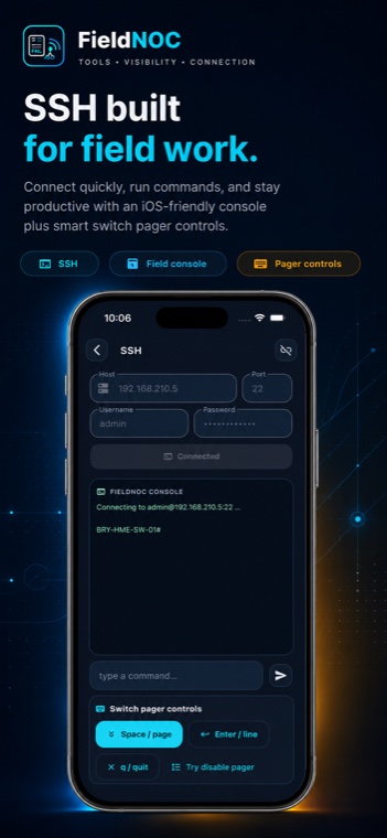 FieldNOC SSH console connected to a network device